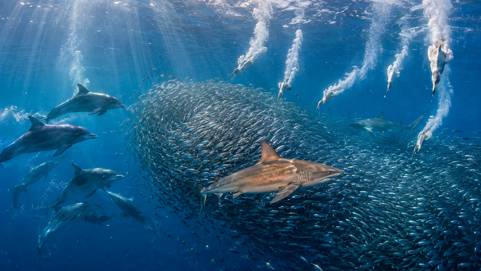 Delfines y tiburones rodeando una bola de sardinas durante el Sardine Run en Sudáfrica